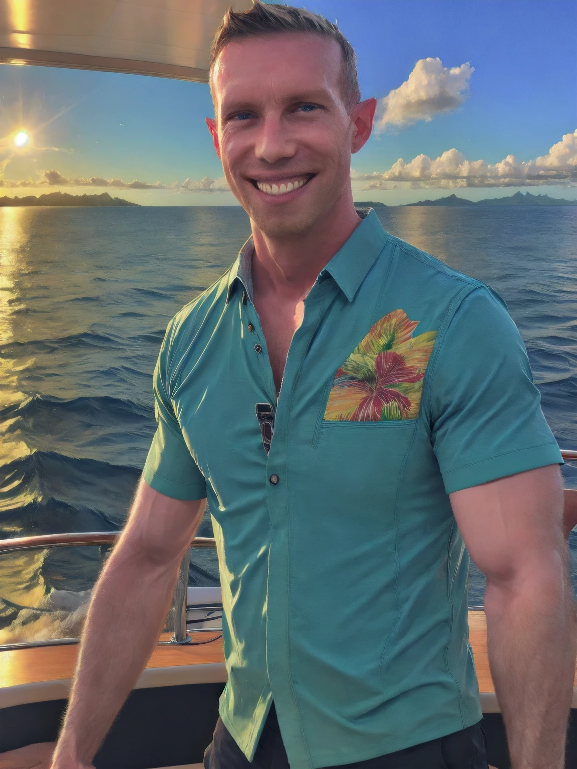 a handsome man, Todder8, Todder1 short hair, perfect facial features, RAW, UHD, 8K, looking at camera, on a yacht at sea, vacation photography, island paradise, colorful Hawaiian shirt, photorealistic, dynamic lighting, perfect day, [smiling]