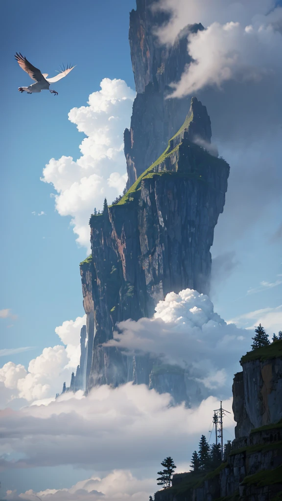 A mountain shrouded in fairy air，Crane，cloud，There is a waterfall，Anime style