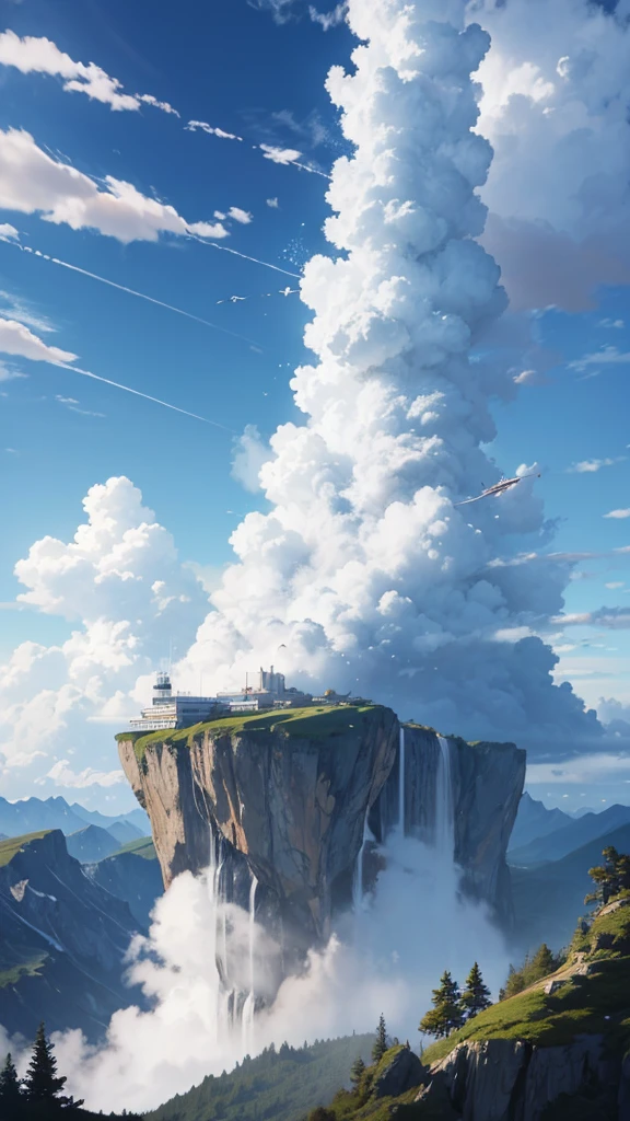 A mountain shrouded in fairy air，Crane，cloud，There is a waterfall，Anime style