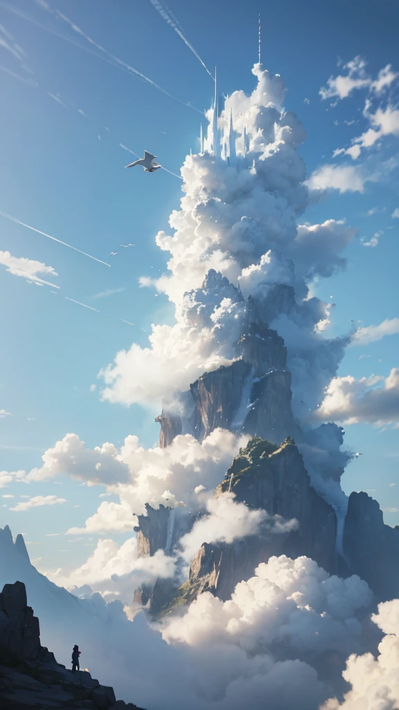 A mountain shrouded in fairy air，Crane，cloud，There is a waterfall，Anime style