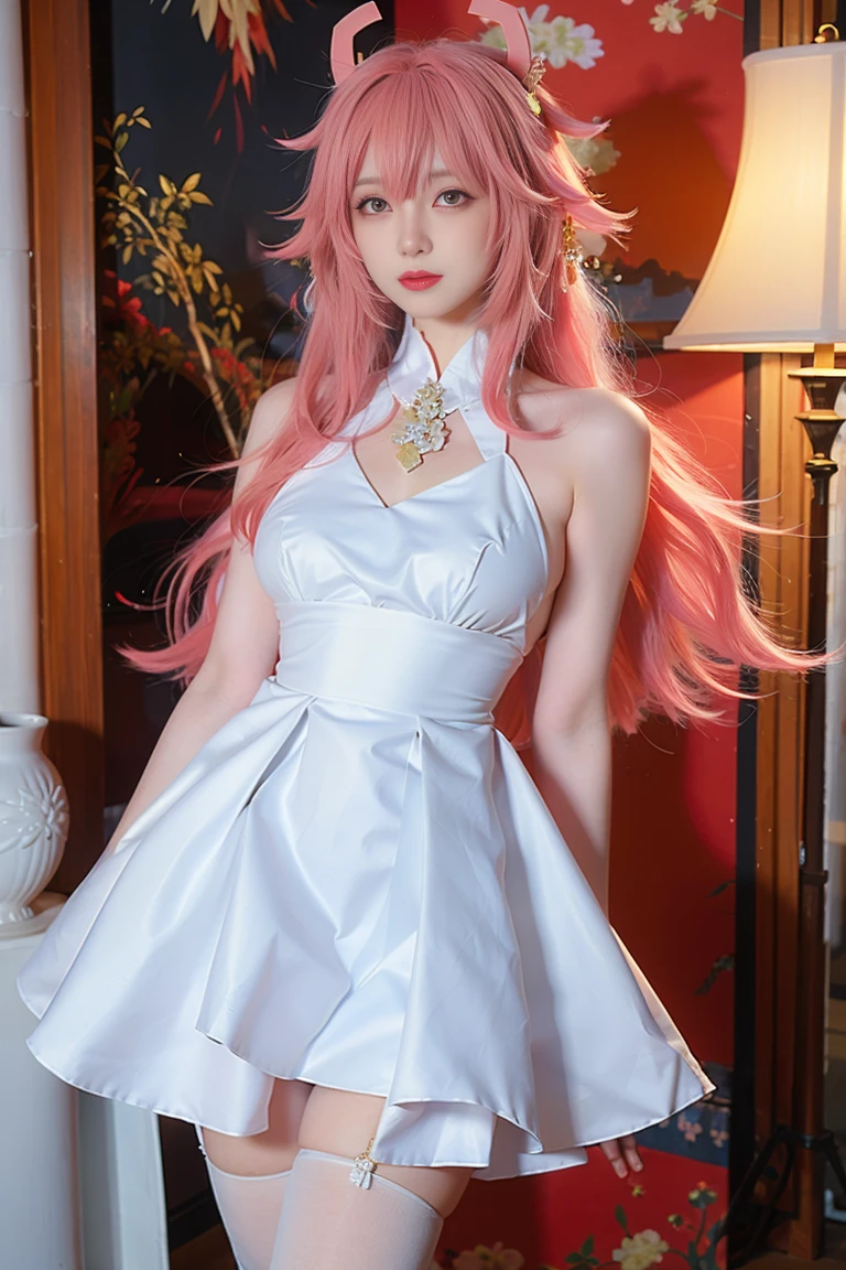 best quality, tmasterpiece,Ultra-high resolution,Clear face,(Reality:1.4),ferpect lighting,(upper body photo), (photorealistic:1.50), anime wallpaper, Guviz style artwork, cover-up fantasy up to magic , by Yang J, Guviz, beautiful artwork illustration, beautiful digital artwork, beautiful digital illustration, Li Song, beautiful anime portrait, art style in Beauvot, 1girl,独奏,medium breasts,indoors,wedding dress,white dress,white thighhighs, Animal ears, pink hair, long hair, Gold colored jewelry, (jewelry:1.3),Earring,(standing), (looking at viwer,
