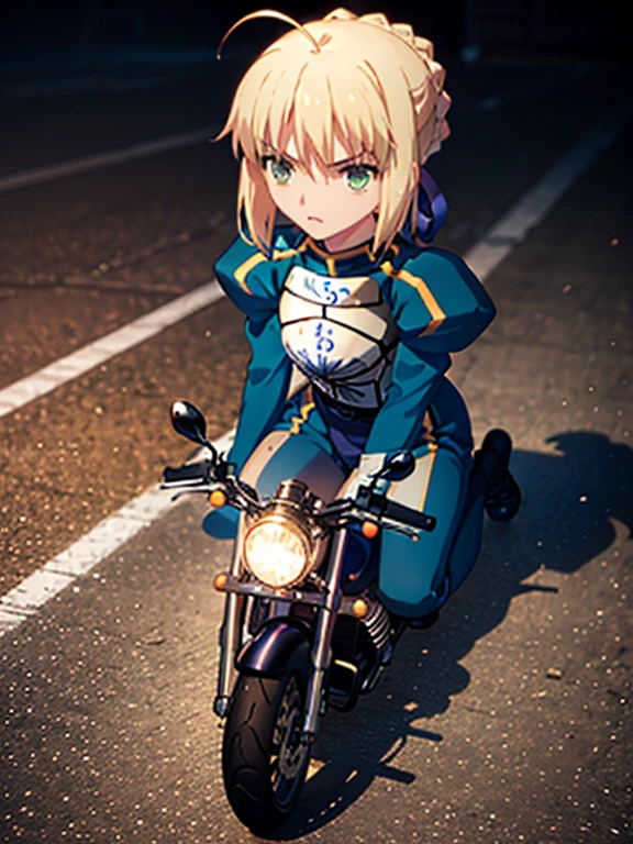 Riding a motorcycle, phAltoria, phSaber, (chibi), full body, (masterpiece), highest quality