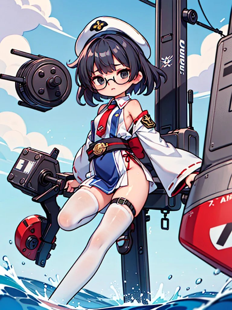 (((masterpiece, Vision))), ((((Full body of a woman with perfect flat chest、solo、Short unkempt black hair、Tie your messy hair at the nape of your neck、white military jacket、Miko costume、tights、Black glasses、White military cap、Cloudy black eyes、Confused eyes、Junyo hair accessories)))), (((Shipgirl))), ((Floating on the morning sea with both feet)), (Spread your legs wide open), (Hold the turret grip with your right hand), (Mechanical arms extending from the waist are used to equip the ship with battleship equipment.), (Equipped with a turret on the back), (Left arm holds the triple turret grip), Shotgun belt on thigh, Spreading the Machine's Wings, Machine tail,
