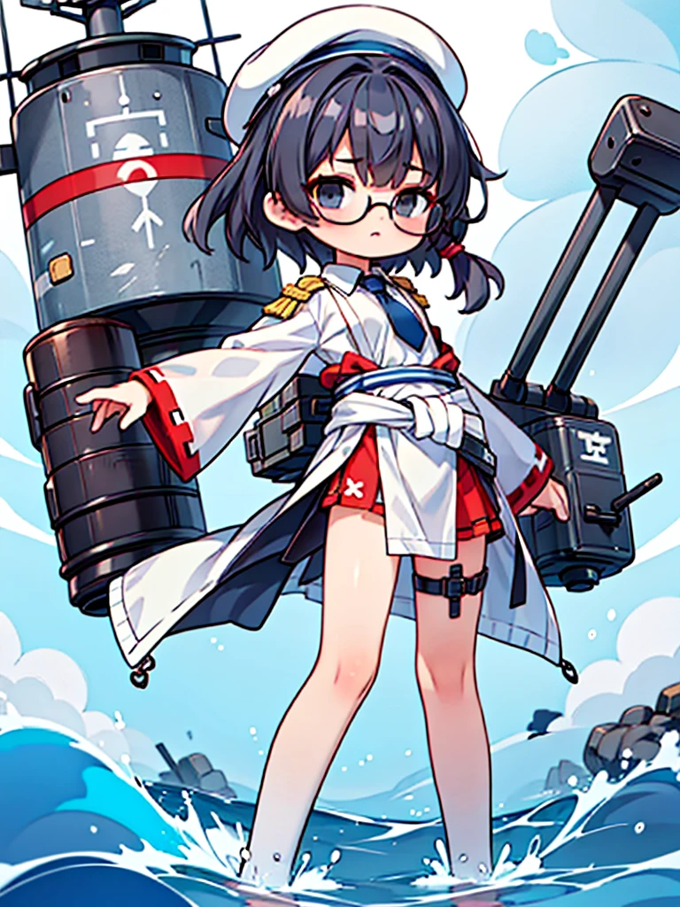 (((masterpiece, Vision))), ((((Full body of a woman with perfect flat chest、solo、Short unkempt black hair、Tie your messy hair at the nape of your neck、white military jacket、Miko costume、tights、Black glasses、White military cap、Cloudy black eyes、Confused eyes、Junyo hair accessories)))), (((Shipgirl))), ((Floating on the morning sea with both feet)), (Spread your legs wide open), (Hold the turret grip with your right hand), (Mechanical arms extending from the waist are used to equip the ship with battleship equipment.), (Equipped with a turret on the back), (Left arm holds the triple turret grip), Shotgun belt on thigh, Spreading the Machine's Wings, Machine tail,