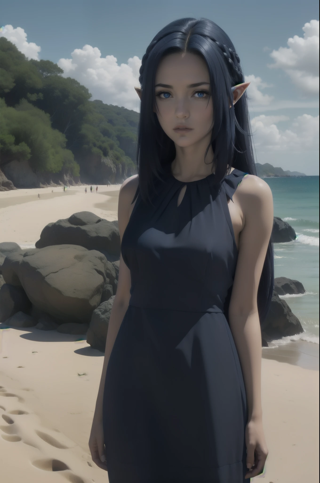 ,dark blue hair,,long hair,blue eyes,pointy ears,elf,(((dress))),on the beach
