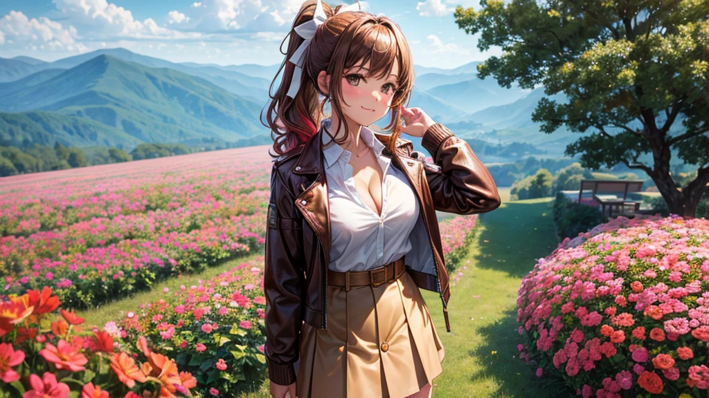 1girl, solo, upper view, full body, summer, village, trees, sun, clouds, ((colorful hair)), curly hair, ponytail, large full breasts, ((brown leather jacket)), button down shirt, ((white shirt)), ((short sleeved shirt)), ((unbuttoned shirt)), unbuttoning buttons, cleavage 1:3, brown eyes, skirt, smile, looking at the viewer, standing, hair ribbon, golden necklate