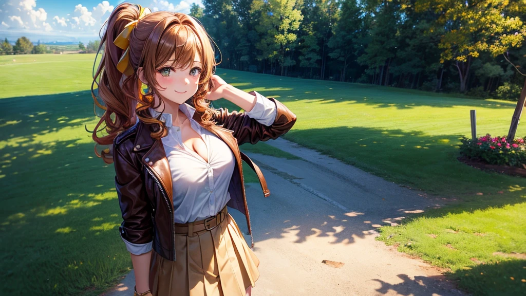 1girl, solo, upper view, full body, summer, village, trees, sun, clouds, ((colorful hair)), curly hair, ponytail, large full breasts, ((brown leather jacket)), button down shirt, ((white shirt)), ((short sleeved shirt)), ((unbuttoned shirt)), unbuttoning buttons, cleavage 1:3, brown eyes, skirt, smile, looking at the viewer, standing, hair ribbon, golden necklate