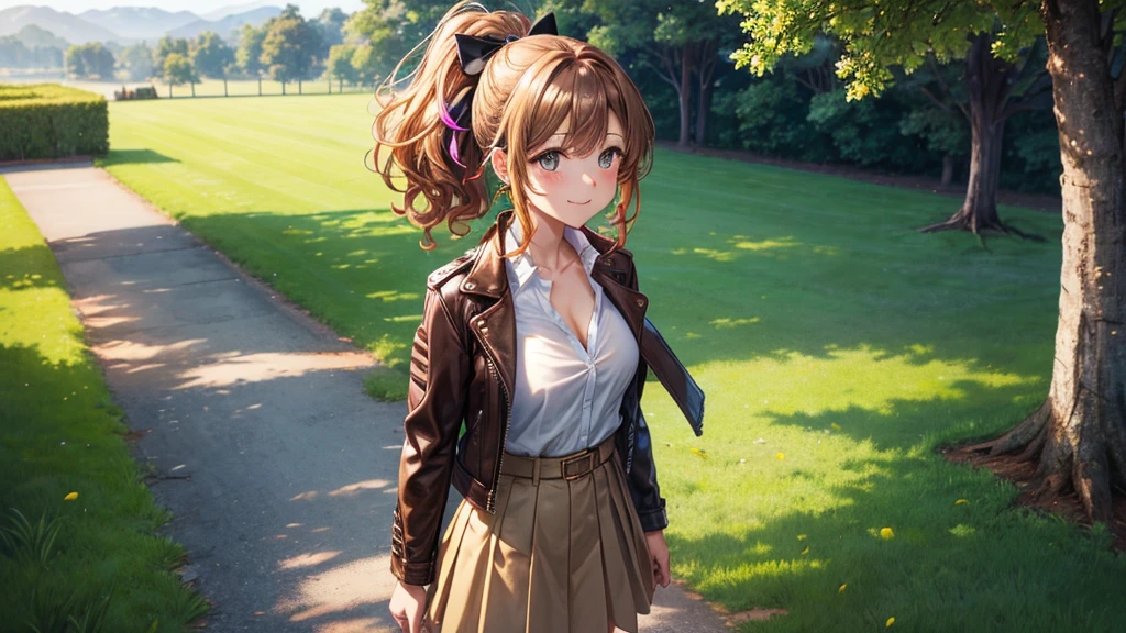 1girl, solo, upper view, full body, summer, village, trees, sun, clouds, ((colorful hair)), curly hair, ponytail, large full ???????, ((brown leather jacket)), button down shirt, ((white shirt)), ((short sleeved shirt)), ((unbuttoned shirt)), unbuttoning buttons, cleavage 1:3, brown eyes, skirt, smile, looking at the viewer, standing, hair ribbon, golden necklate