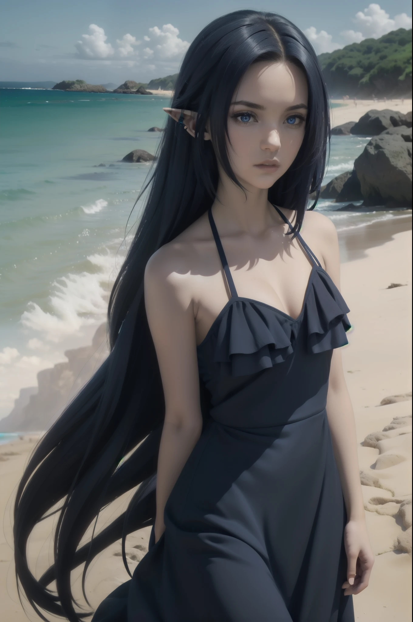 ,dark blue hair,,long hair,blue eyes,pointy ears,elf,(((dress))),on the beach
