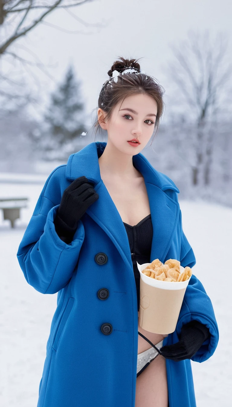 individual,young girl,23 years old, fine hair, Detailed faces, Full body,Long hair tied up,full, Short hair details,blue winter coat, Model,snack, Sexy breasts,snow scene, whole body,long legs,