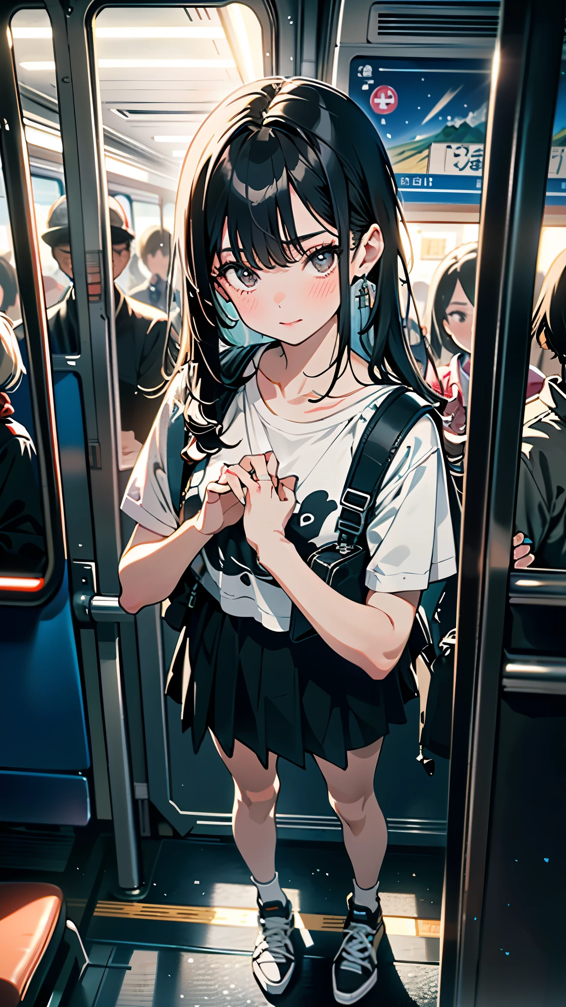 (8K, RAW Photos, 最high quality, masterpiece:1.2), high qualityのRAWカラー写真, Professional photo shoot, Cinematic Light, alone, (((young woman, Gal))), (Sharp features), (Small face), (Skin with attention to detail:1.2), clavicle, Cute face, Beautiful appearance, Long eyelashes,Girl Turning Around, smile, (Black Hair, Long straight line), Jersey, Denim mini skirt, sneakers, Backpack, Night Park, Confident attitude, Capture the happy moment, Artistic painting,Attractive thighs, (A very fine touch:1.2), (Troubled face), Peaceful atmosphere, Oil painting style, Bright colors, (Are standing:1.5, Inside a crowded train, Full body portrait), Smooth texture, Gazing Eyes, Beautiful Skin, Shiny skin, ((Perfect Fingers, Five Fingers, Anatomically correct)), Background Blur, high quality, Surreal, ((Very detailed, photo shoot)),A large number of people、blush、plump、Surrounded by middle-aged men、Troubled expression