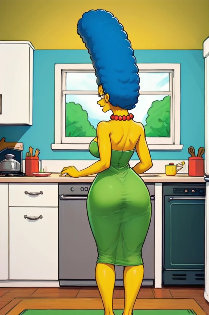 masterpiece, best quality,  1girl, solo, looking at viewer, breasts, margesimpson, yellow skin, afro, big hair, necklace, pearl necklace, strapless dress, green dress, indoors, kitchen, from behind,