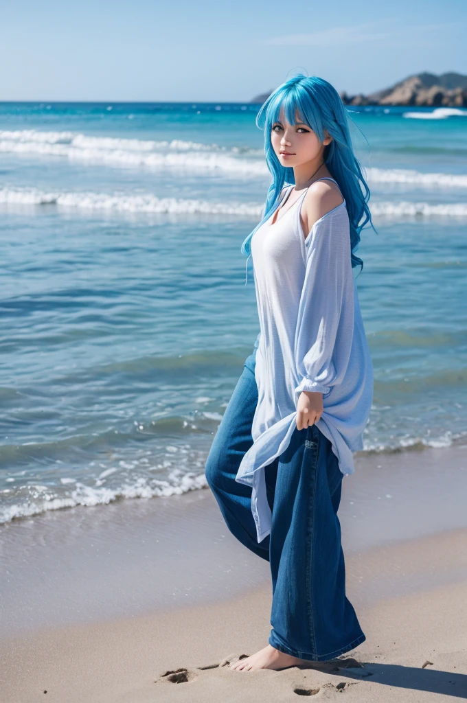 Walking on the sand Beautiful girl with blue hair