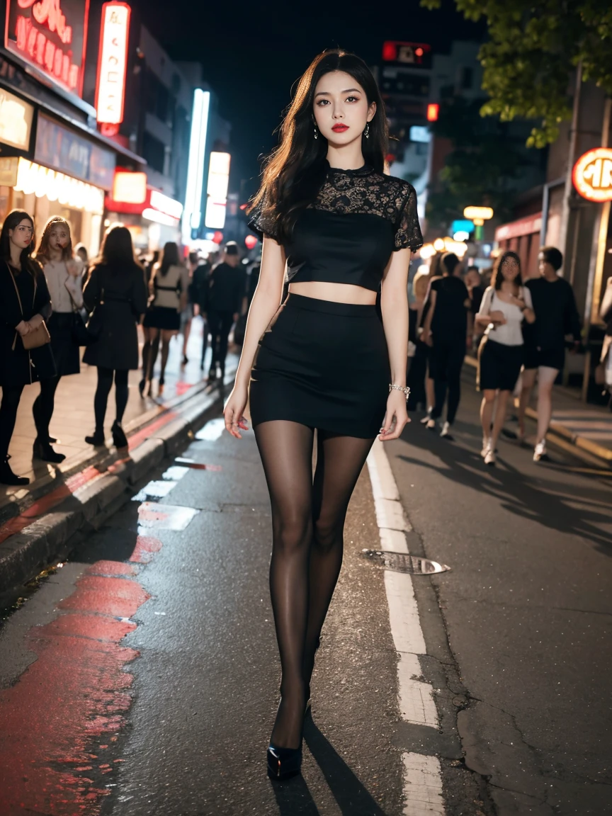 Highest quality,masterpiece,Ultra-high resolution,(Actual:1.4),Original photo,Ultra-high resolution,real,Surrealism 8k,1 Girl,expensive,Long legs,Exquisite makeup,Red Lip Big Wave,Royal Sister Fan,summer,Fashionable clothes,Tight bottom skirt,Black Pantyhose,High heels,Outdoor during the day,Walking Street,Street Photography,Super cool,model,whole body