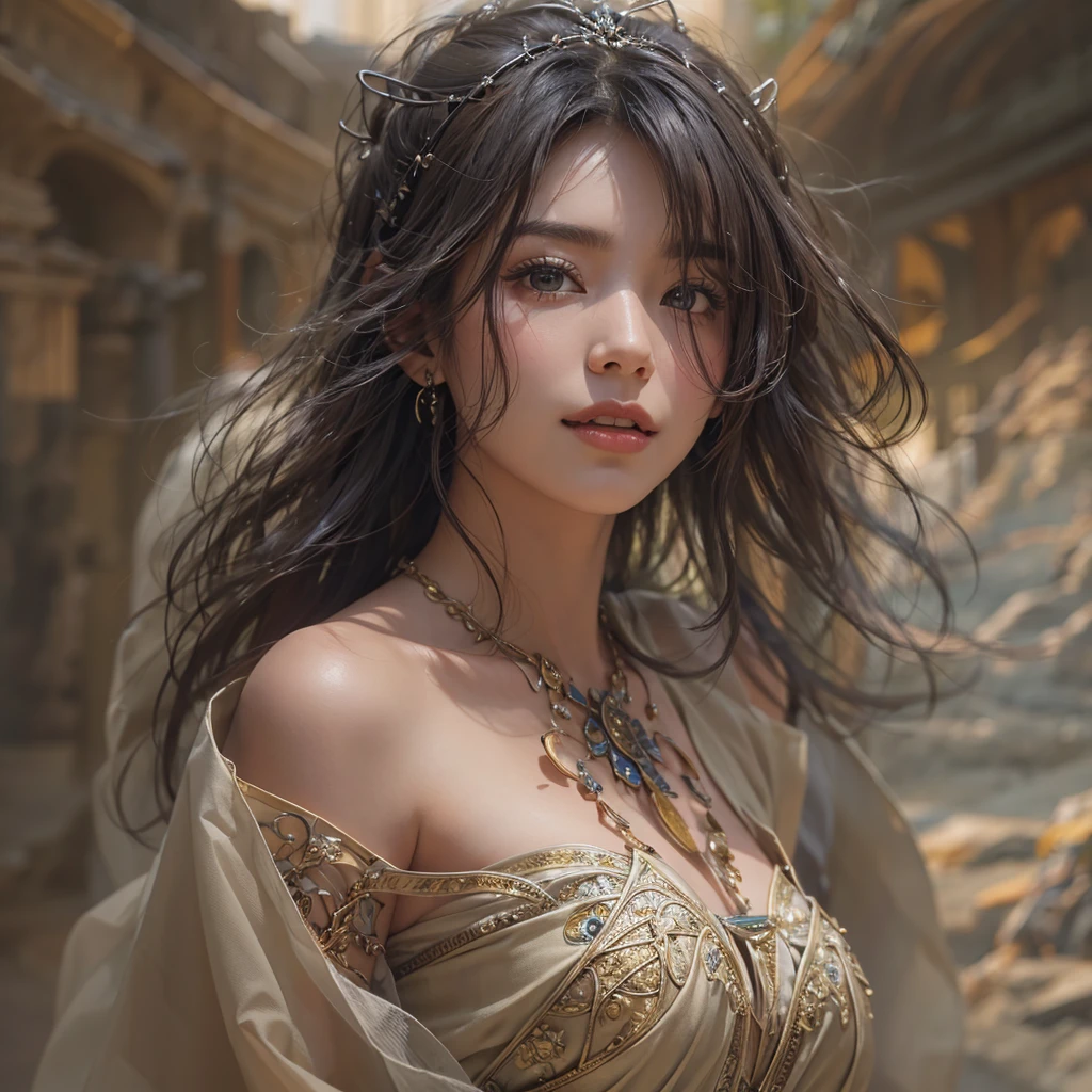 Create a sensual semi-nude woman in the medieval world , realistic:1.73 , damp, cleavage 