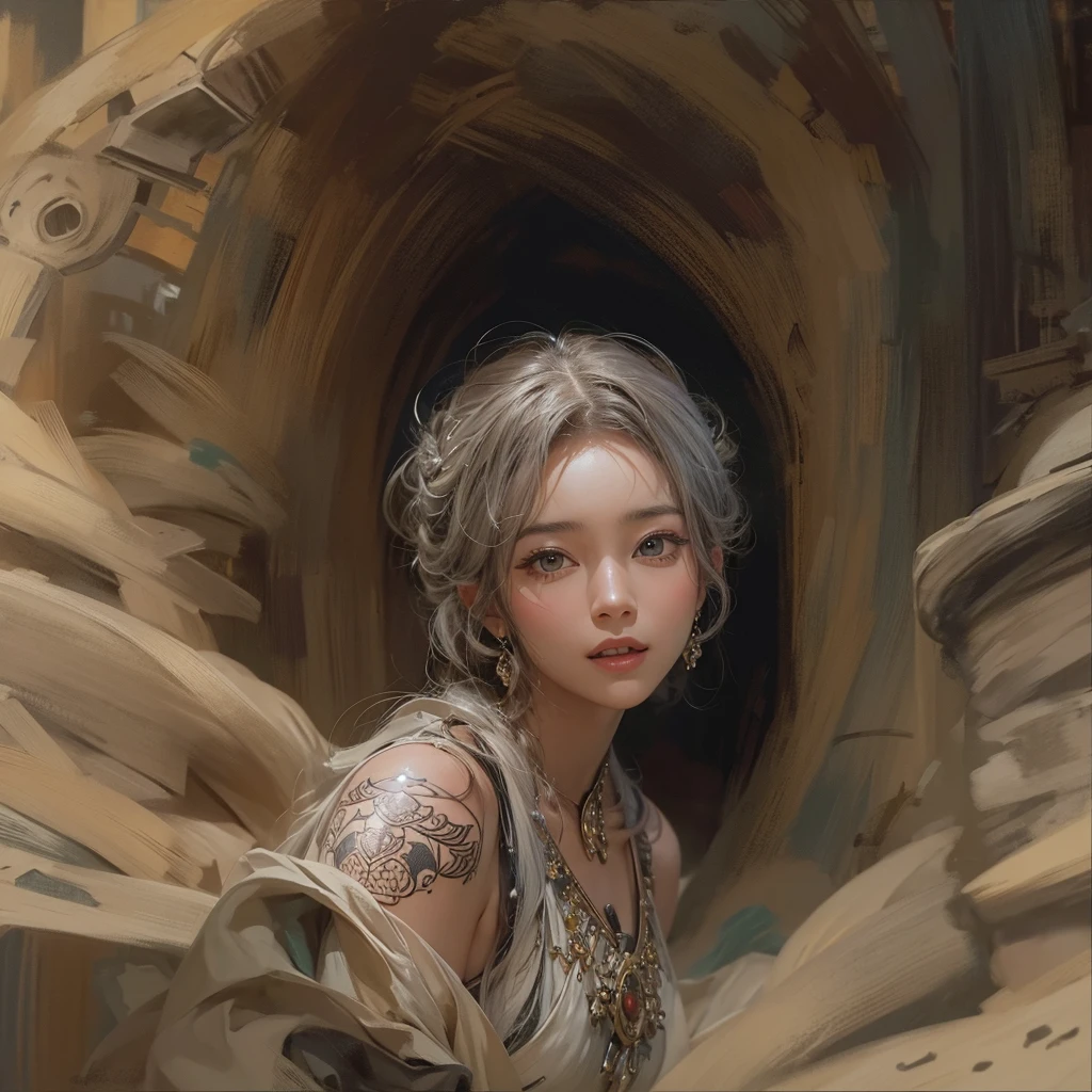 Hiding in the desert、Hair Flow、 ((Highest quality、masterpiece、8K、Best image quality、Ultra-high resolution、Award-winning works)、(Accurate anatomy:1.1)、(Look at me and smile:1.1)、Shining fair skin with Ultra-high resolution、The most detailed face、Ultra-high resolution detailed face、Ultra-high resolutionの髪の毛、(Ultra-high resolutionの煌めく瞳:1.1)、Beautiful face drawn in every detail、(Blurred Background:1.1)、Ancient Islamic clothing, Chest to chest, tattoo, Old ruins in the background、Black Authentic Dress Up Elegant Armpit