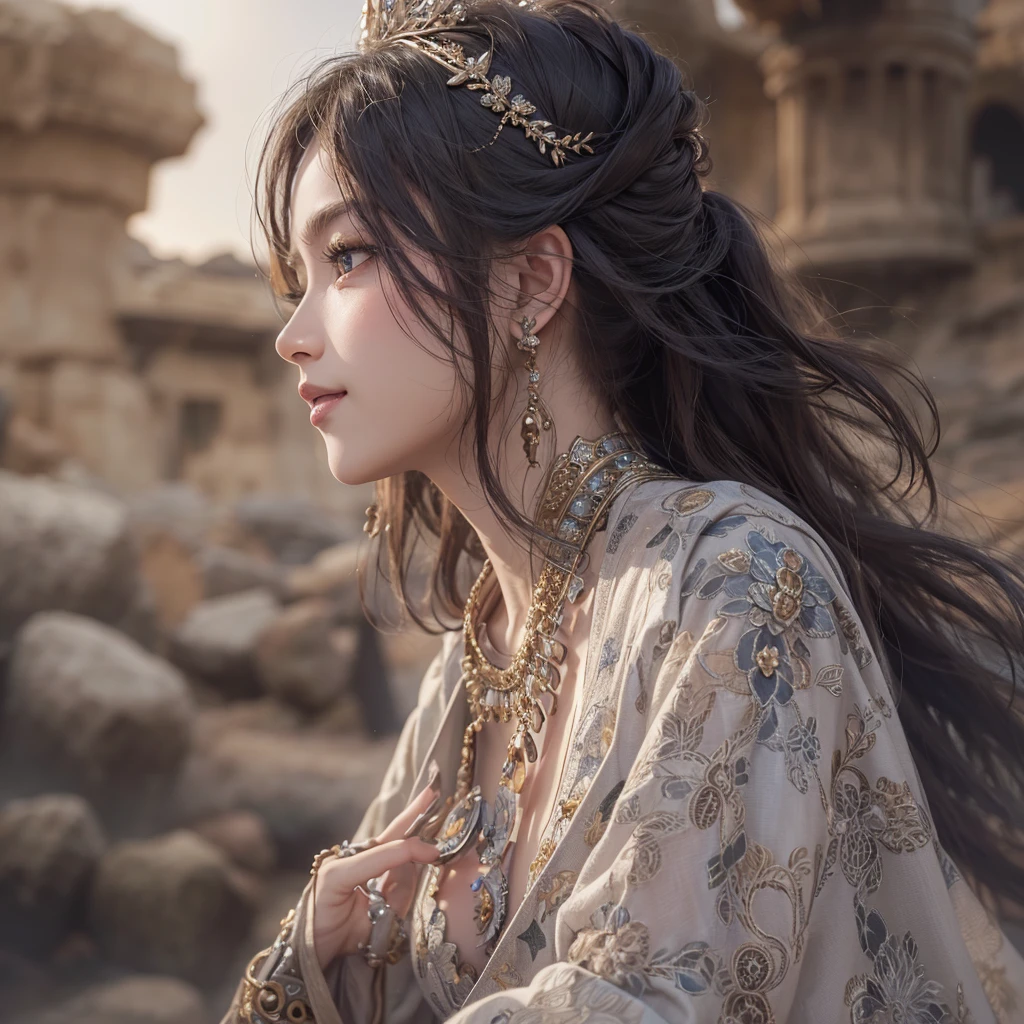 Hiding in the desert、Hair Flow、 ((Highest quality、masterpiece、8K、Best image quality、Ultra-high resolution、Award-winning works)、(Accurate anatomy:1.1)、(Look at me and smile:1.1)、Shining fair skin with Ultra-high resolution、The most detailed face、Ultra-high resolution detailed face、Ultra-high resolutionの髪の毛、(Ultra-high resolutionの煌めく瞳:1.1)、Beautiful face drawn in every detail、(Blurred Background:1.1)、Ancient Islamic clothing, Chest to chest, tattoo, Old ruins in the background、Black Authentic Dress Up Elegant Armpit