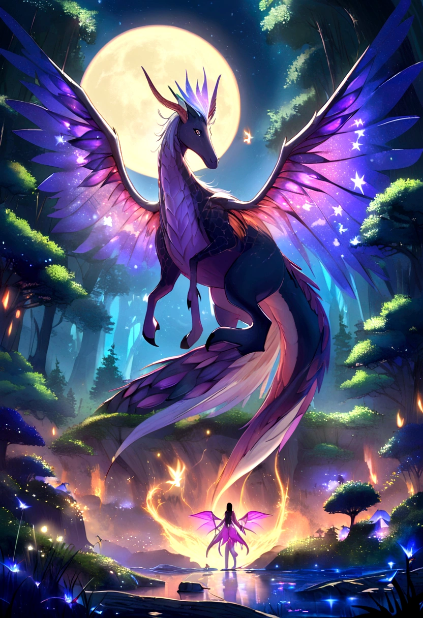 enchanted forest at night, bright full moon illuminating, twinkling stars, majestic creature in the center, fusion between a dragon and a phoenix, excamas iridescentes, Flaming wings illuminating the darkness, other fantastic creatures around, unicorns, grifos, magical mermaids, creatures among the trees, Glowing Trees, Flores Luminescentes, magical atmosphere, gentle mist covering the ground, sparks of magic floating in the air