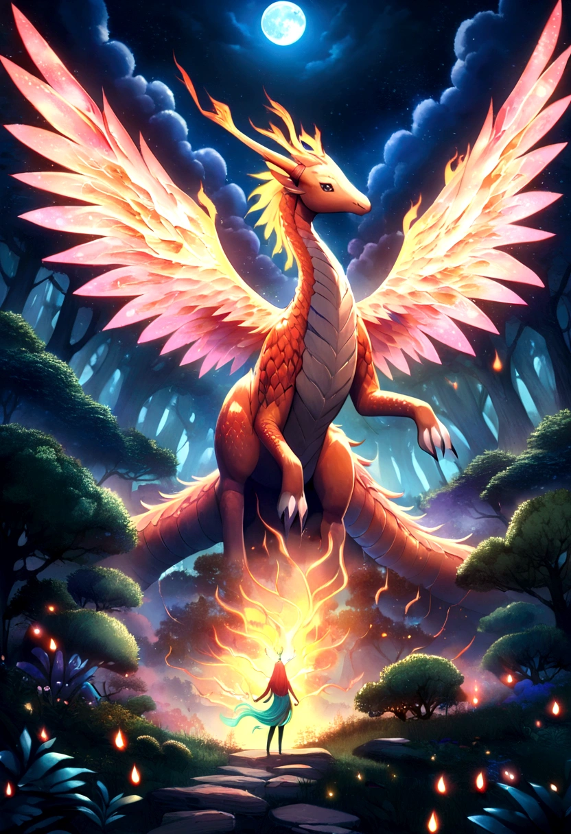 enchanted forest at night, bright full moon illuminating, twinkling stars, majestic creature in the center, fusion between a dragon and a phoenix, excamas iridescentes, Flaming wings illuminating the darkness, other fantastic creatures around, unicorns, grifos, magical mermaids, creatures among the trees, Glowing Trees, Flores Luminescentes, magical atmosphere, gentle mist covering the ground, sparks of magic floating in the air
