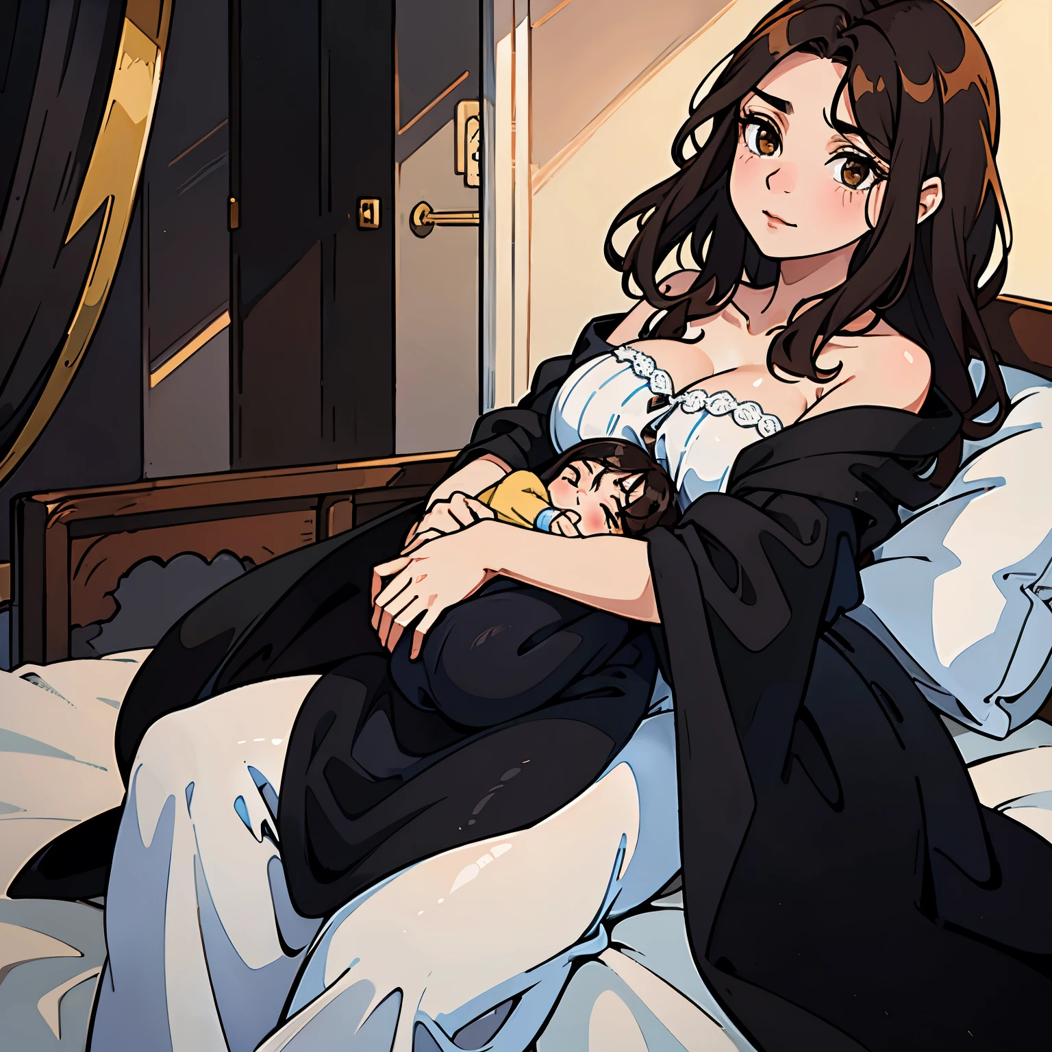 (girl carrying a newborn black hair), in bed tired, (epoca mediaval), beautiful woman long brown hair dressed loosely