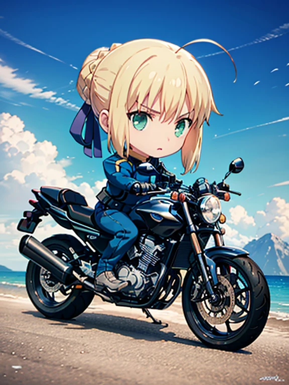Riding a motorcycle, phAltoria, phSaber, (chibi), full body, (masterpiece), highest quality