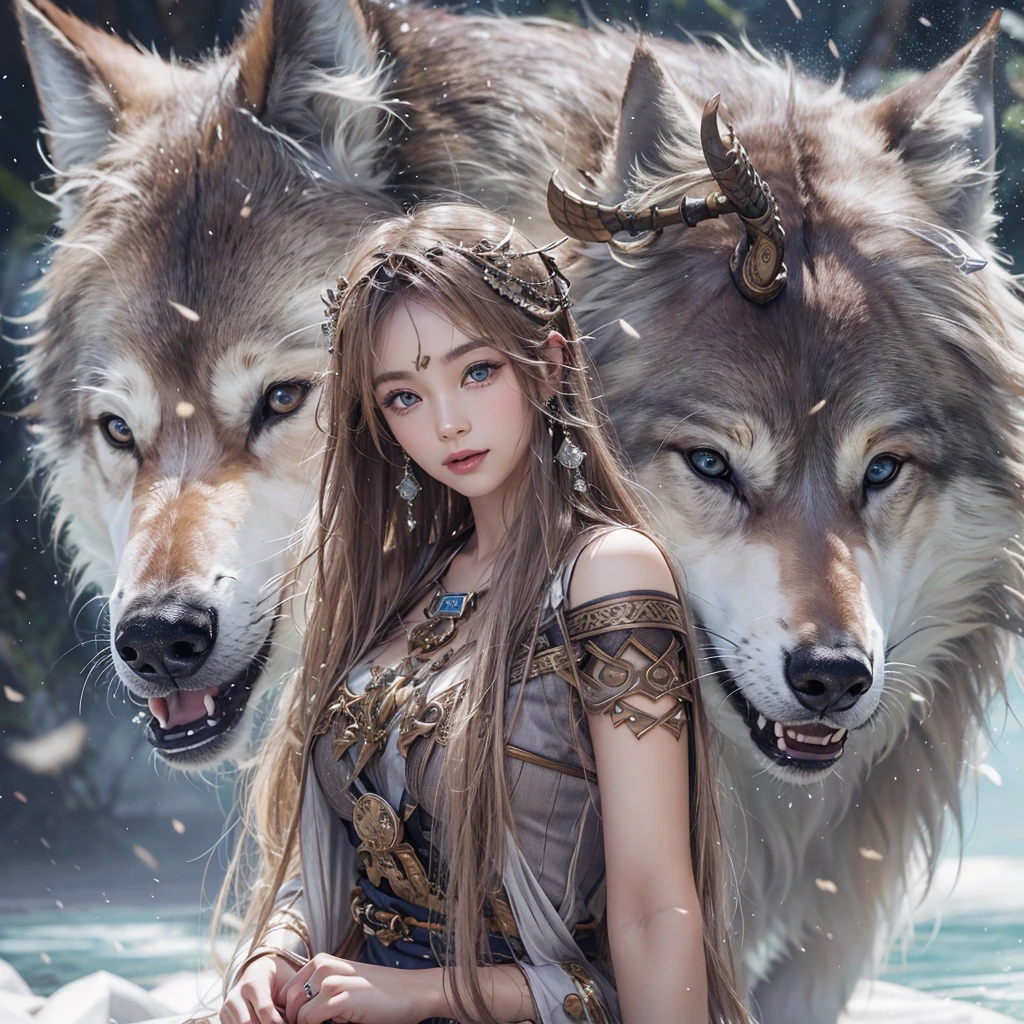 Lakeside surrounded by snowy mountains、Hair flow、 ((Highest quality、masterpiece、8K、Best image quality、Ultra-high resolution、Award-winning works)、(Accurate anatomy:1.1)、(Look at me and smile:1.1)、Shining fair skin with Ultra-high resolution、The most detailed face、Ultra-high resolution detailed face、Ultra-high resolutionの髪の毛、(Ultra-high resolutionの煌めく瞳:1.1)、Beautiful face drawn in every detail、Ancient Viking clothing, Chest to chest, tattoo, A real wolf is by your side