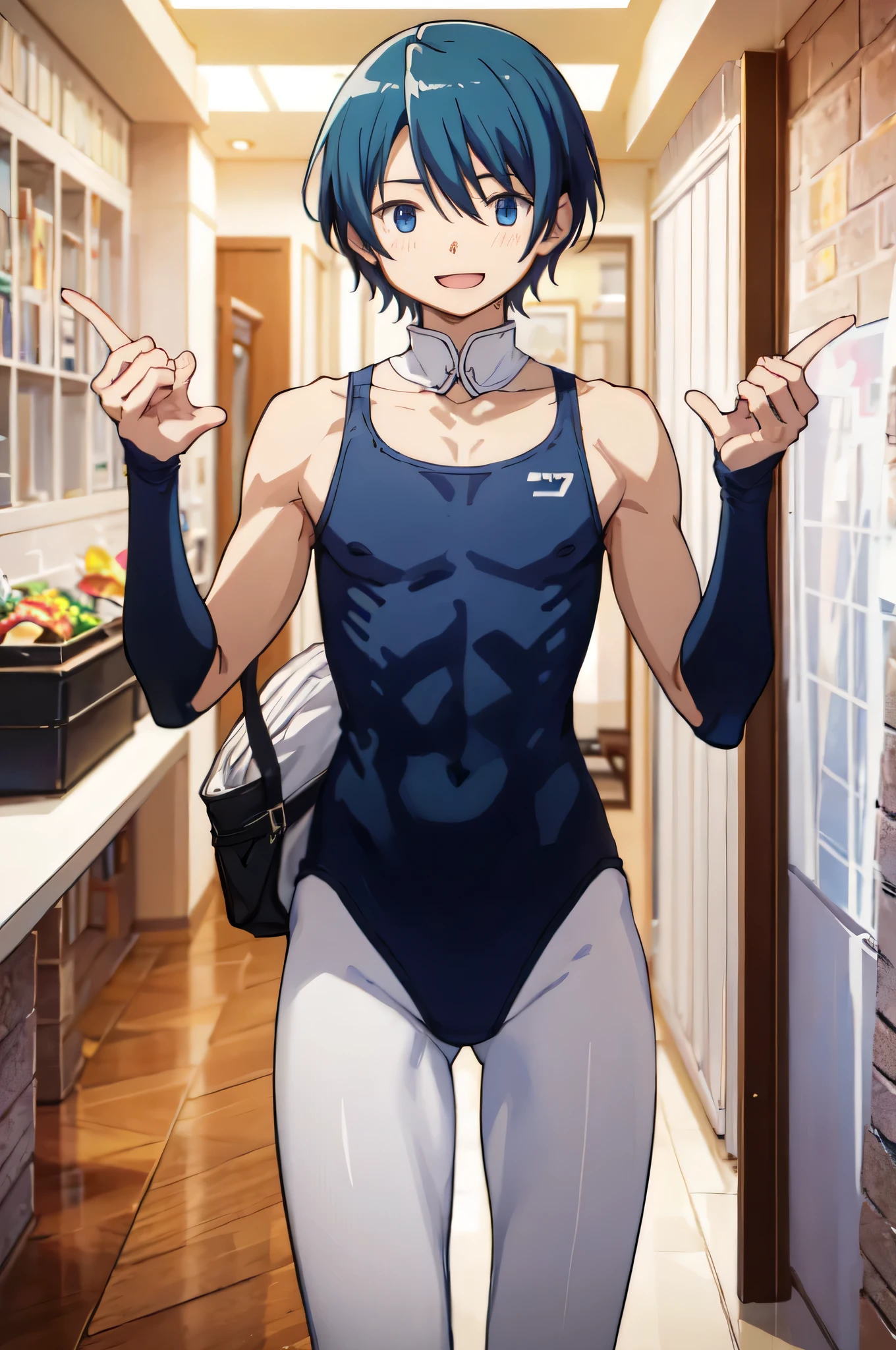 Anime Boys、solo、masterpiece、Highest quality、High resolution、(((leotard)))、Sayaka Miki as a boy、blue eyes、They say、Blue Hair、short hair、Bobcut、leotard top with an tank top、leotard bottom with high leg、((Blue leotard))、no collar、no sleeve、slim、((White Pantyhose))、looking at viewer、Cowboy Shot、Male focus、blush、 smile、:d、Open your mouth、Indoors、window、handsome atmosphere、masculine atmosphere、androgynous atmosphere、androgynous boy、Bare Arms、(perfect male body:1.3)、leotard and panty hose only、bulged penis、