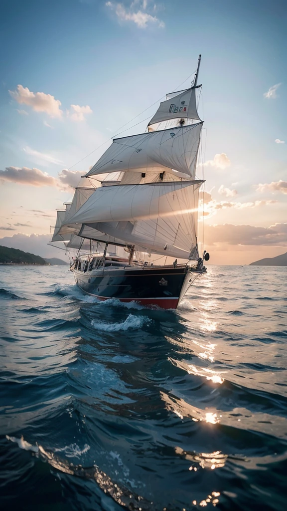 (Highest quality,masterpiece:1.3,Ultra-high resolution),(Super detailed,Caustics,8K), (Photorealistic:1.4, RAW shooting),Crystal clear sea,Sunset sky,White cloud,Yacht,Sunset,Natural light,Low position,Low - Angle
