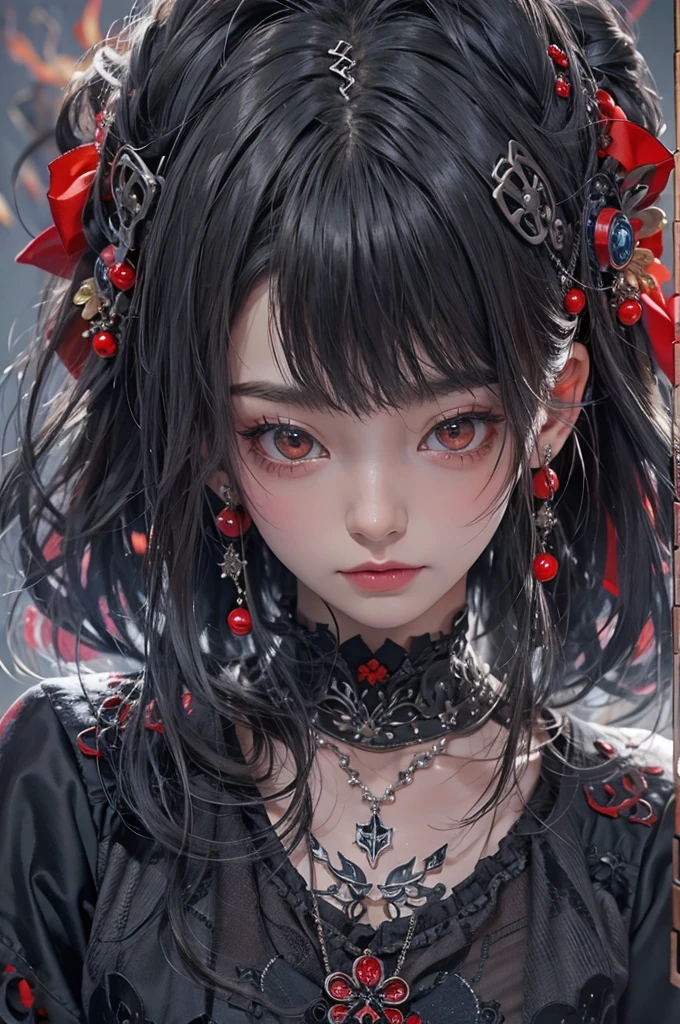 Highest quality、、masterpiece：1.3、Gothic Punk、The inner  is red、Gray Black Hair、hair ornaments、beautiful girl、creative、Punk Shirt、Neogoth、Goth Fashion：1.2、High resolution、masterpiece、Highest quality、頭w:1.3、((Hasselblad Photos))、Fine skin、Sharp focus、(Cinema Lighting)、Explore Tokyo&#39;The city at night beyond the neon lights, Forehead open, 17 years old、Petting&#39;Hair back、Shoulder Bare、Small red rose tattoo on the décolletage、Just one tattoo