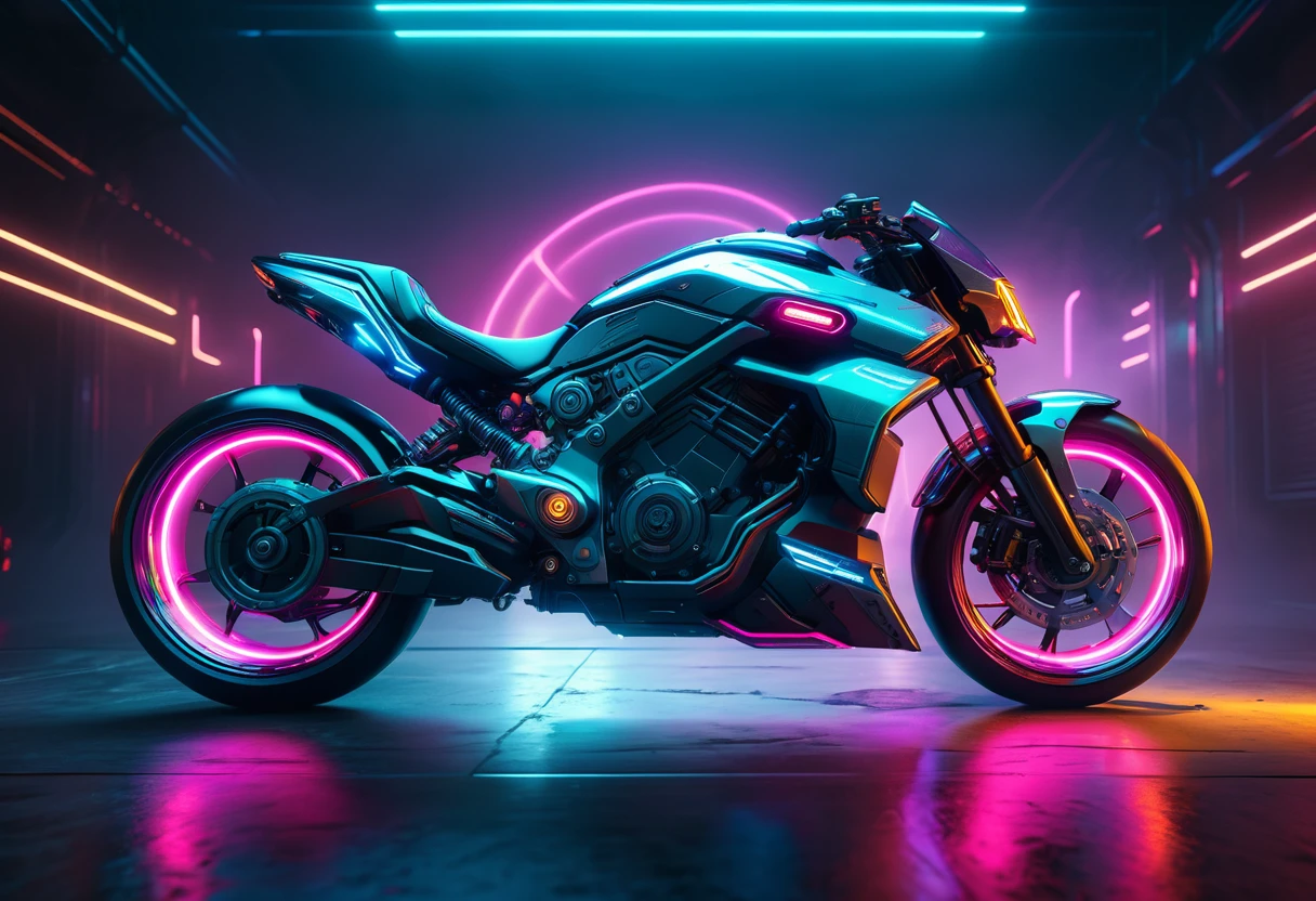 a high-tech futuristic motorcycle, intricate details, cyberpunk style, neon lights, dynamic motion blur, dramatic lighting, volumetric fog, ultra-detailed, cinematic composition, photorealistic, 8K, HDR, advanced rendering, masterpiece