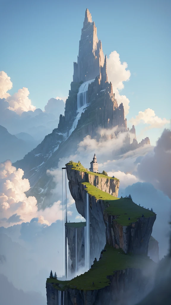 A mountain shrouded in fairy air,Crane,There is a waterfall,Anime style