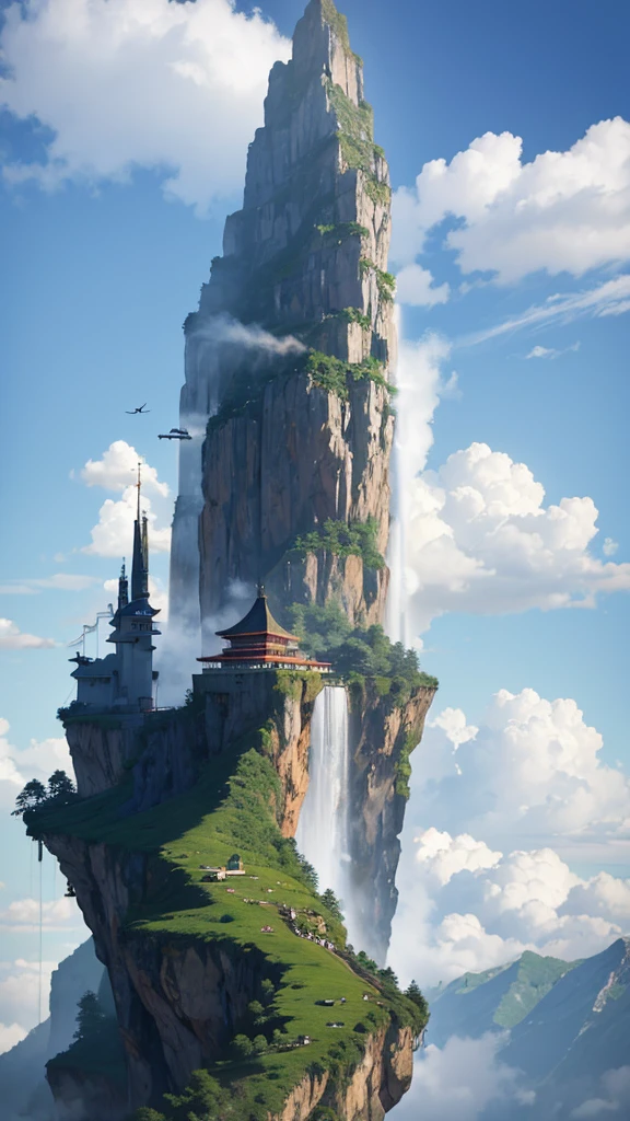 A mountain shrouded in fairy air,Crane,There is a waterfall,Anime style