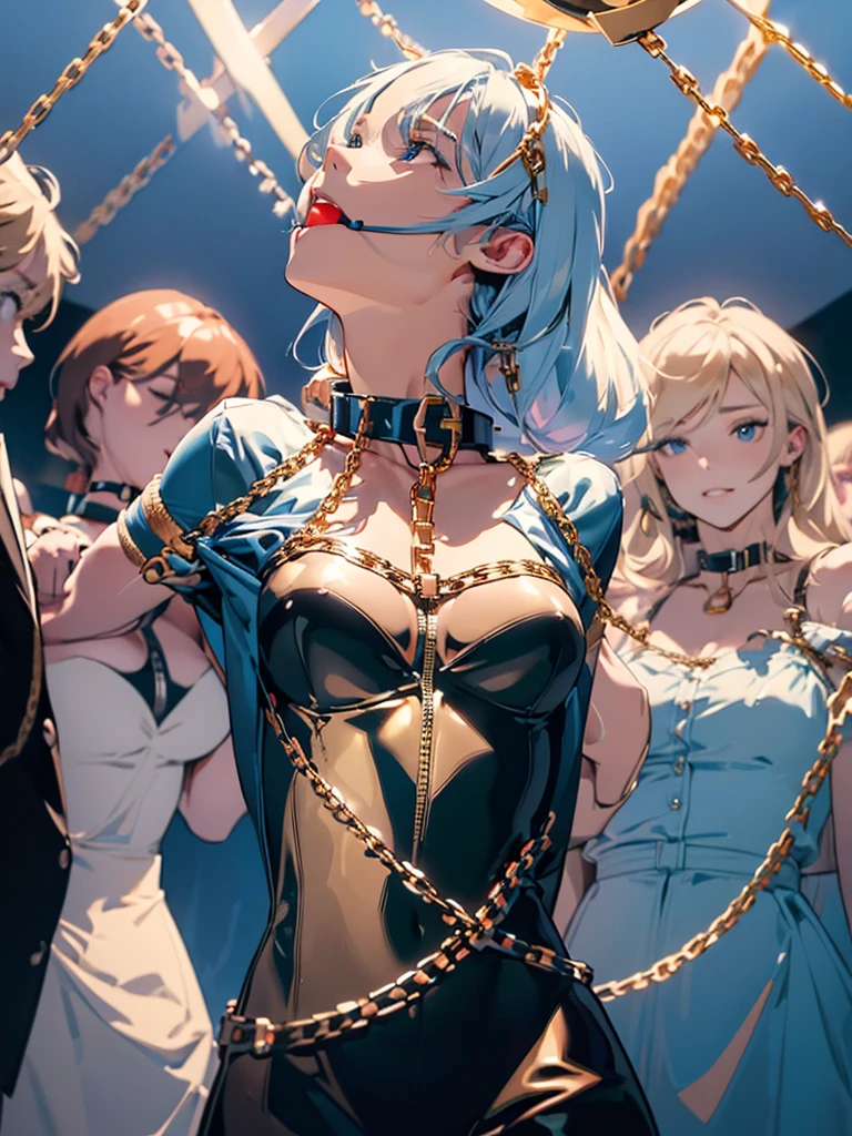 (superflat, masterpiece, flat shading, flat colors:1.1), Cinematic shot, Masterpiece, ((3 females)), european, (3 beautiful females), standing female teacher with two girls on a leash, golden halo, halo, (hands on neck, choking:1.3), (chained, tied, golden chain, chain around bodies , chained collar, handcuffs, rough:1.4), leather gloves, leather, slim, angel wings, (cold light, cold blue tones), flat blue background, highly detailed, best quality, closeup