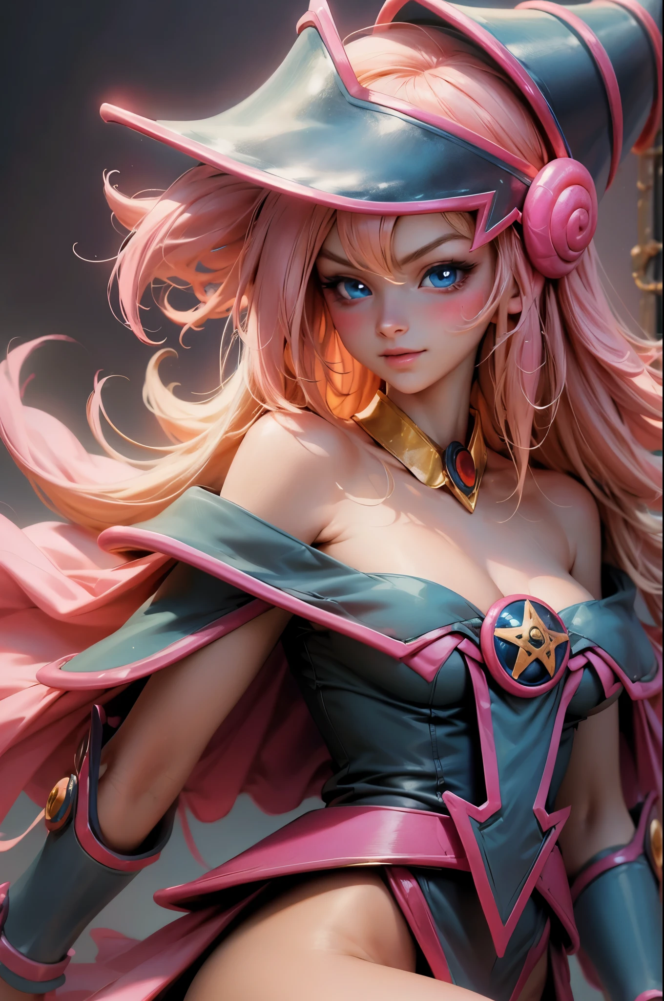 Beautiful face of dark magician gils, blue eyes. pink lips. Long blonde hair. exposed shoulders, angelic smile, beautiful well detailed face of dark magician gils. blowing a kiss. sexy kiss
