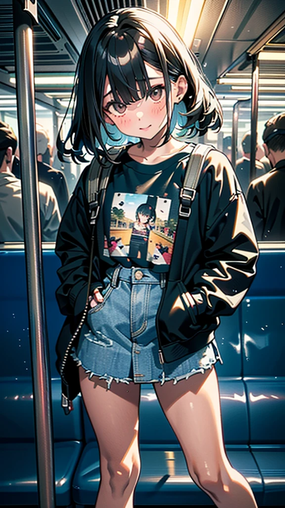 (8K, RAW Photos, 最high quality, masterpiece:1.2), high qualityのRAWカラー写真, Professional photo shoot, Cinematic Light, alone, (((young woman, Gal))), (Sharp features), (Small face), (Skin with attention to detail:1.2), clavicle, Cute face, Beautiful appearance, Long eyelashes,Girl Turning Around, smile, (Black Hair, Long straight line), Jersey, Denim mini skirt, sneakers, Backpack, Night Park, Confident attitude, Capture the happy moment, Artistic painting,Attractive thighs, (A very fine touch:1.2), (Troubled face), Peaceful atmosphere, Oil painting style, Bright colors, (Are standing:1.5, Inside a crowded train, Full body portrait), Smooth texture, Gazing Eyes, Beautiful Skin, Shiny skin, ((Perfect Fingers, Five Fingers, Anatomically correct)), Background Blur, high quality, Surreal, ((Very detailed, photo shoot)),A large number of people、blush、plump、Surrounded by middle-aged men、Troubled expression、Hide Your Eyes、手でHide Your Eyes