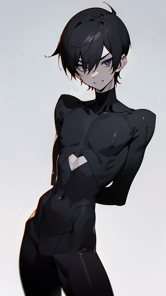 ,(((masterpiece))), ((((((best quality)))))),slim:1.3,(rubber:1.3),spandex:1.3,((pure black zentai:1.2)),(youthful physique:1.3), ((perfect body structure:1.4)),no muscle:1.3, protruding crotch, slender, balanced composition,((expressive lines:1.3)), minimalistic beauty,((Ebitendon:1.4)),(anime boy:1.3),wholesome,minimalistic,((anime style:1.4)), megaman,(tied to bed),white background:1.2,venom,((twink:1.4)),perfect face, ((finedetail)),(cinematic lighting),((8k_wallpaper)),(((highres))),,(short hair),((male:1.6)),(((male face:1.2))), The image depicts a young boy,
(((((male focus))))) ,1boy,boy,clear shape,((Asian boy)),(depth_of_field),((soft and clear lines)),grim, (evil grin:1.4),solo,(arms behind back:1.2),(black eye bags),solo,(black),horny, corruption,corrupted,villain, Dark, Sinister, Malevolent, Cruel, Ruthless, Vicious, Deceptive, Treacherous,Merciless, Sadistic, Malicious, Nefarious,Wicked, Insidious, Bags under eyes,((dark:1.2)),((male body:1.3)),(muscleless:1.2),jock,heavy breathing,caelus,dark hair,dark eyes,(blank eyes), manhwa uke, bettermalebody, 