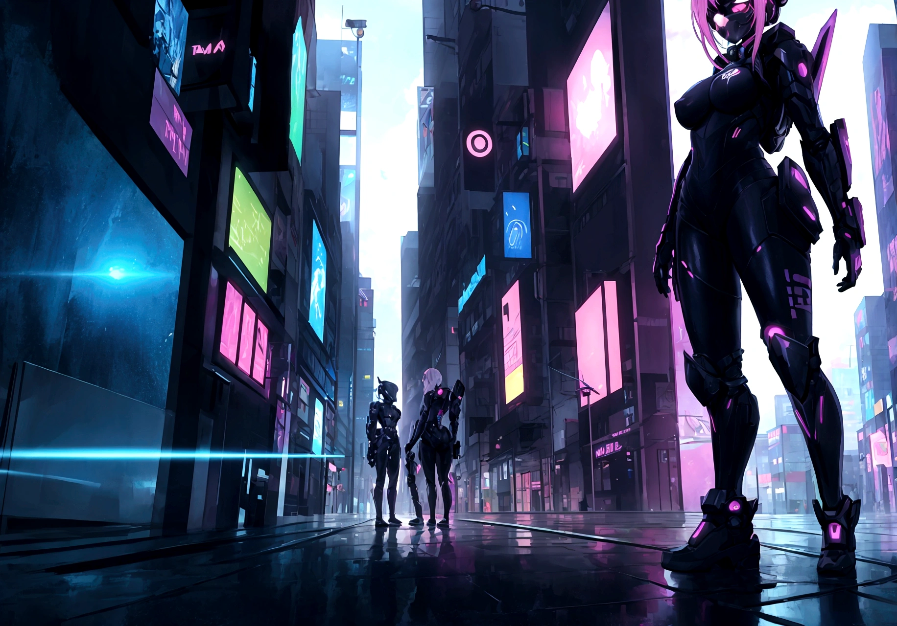 both standing in a cyber style city