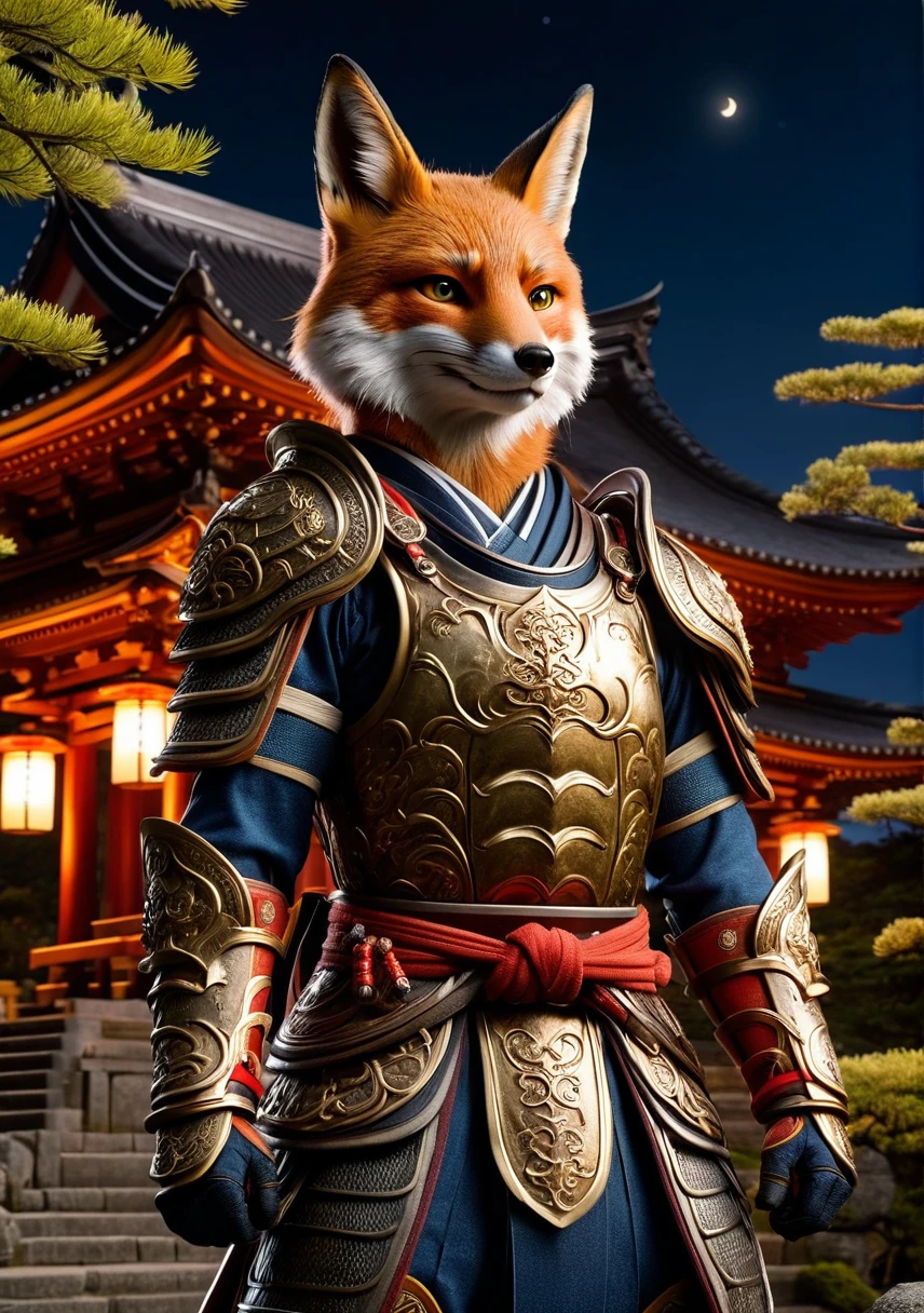 An anthropomorphic fox monster dressed in old Japanese samurai armor、Wearing samurai armor、In front of the ruins of the shrine、Moonlit Night、rich vegetation、Old tales、Like in the movies、8K、16K、detailed
