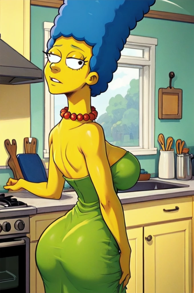 masterpiece, best quality,  1girl, solo, looking at viewer, breasts, margesimpson, yellow skin, afro, big hair, necklace, pearl necklace, strapless dress,mini dress, green dress, indoors, kitchen, from behind,