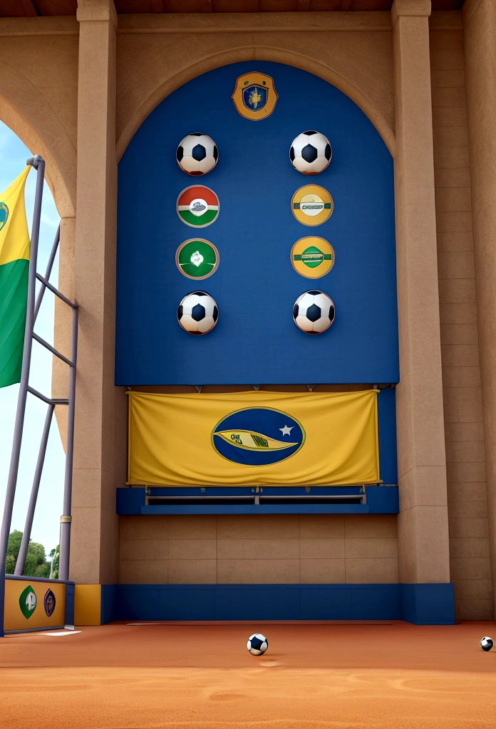 a soccer stadium filled with flags and signs with a photo of the Brazilian flag, Disney cartoon style