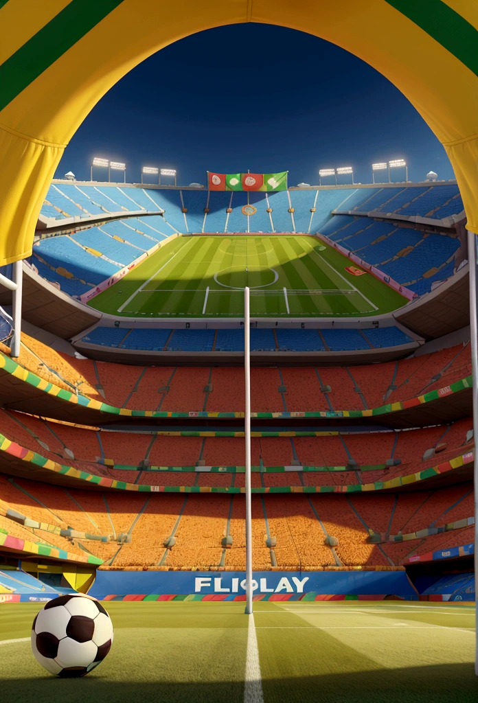 a soccer stadium filled with flags and signs with a photo of the Brazilian flag, Disney cartoon style