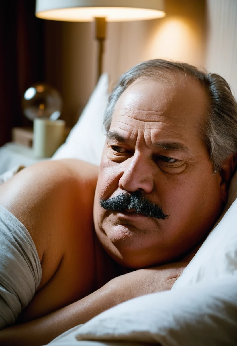 An Elderly Man 45 year old, extremely obese, receding hairline, extremely short stature, naked, mustache, is lying in bed, kissing his wife on the mouth. She returns the kiss with wild passion, holding his face intensely. The soft light from the bedside lamp creates an intimate and fiery atmosphere. The image focuses closely on their faces, highlighting the expressions of desire and deep love. The bedroom is decorated in neutral and soft tones, with pillows and blankets around them, emphasizing the intensity of the couple's connection