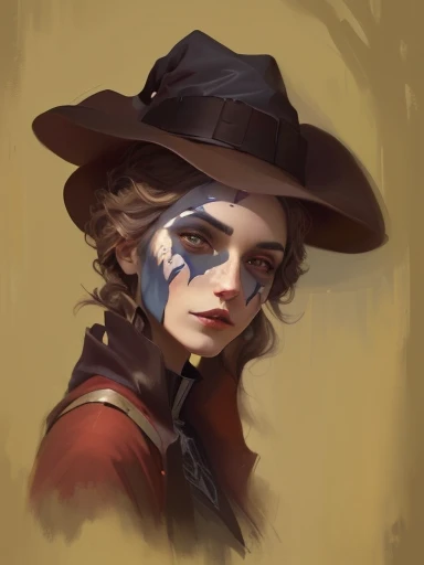 painting of a woman with a hat and a face painted in a dark color, painted character portrait, character with a hat, in style of digital painting, drawn with photoshop, portrait of a witch, portrait of a squid wizard, digital painted, stylized portrait, granny weatherwax, digital character painting, digital matt painting, caracter with brown hat, colored sketch