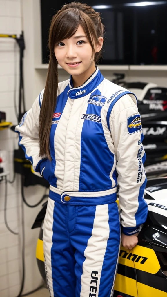 girl 18-year-old Hairstyle Casual, wearing racing suit in pit room