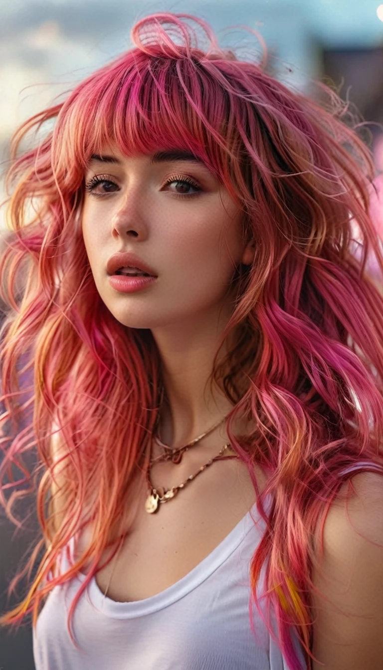 One girl, bangs, Bellissima, Blurred Background, Brown eyes, Brown Hair, freckles, Long Hair, View your viewers, look up, necklace, Pink Hair, Realistic, Sleeveless shirt, alone, Upper Body, Wavy Hair, Wind