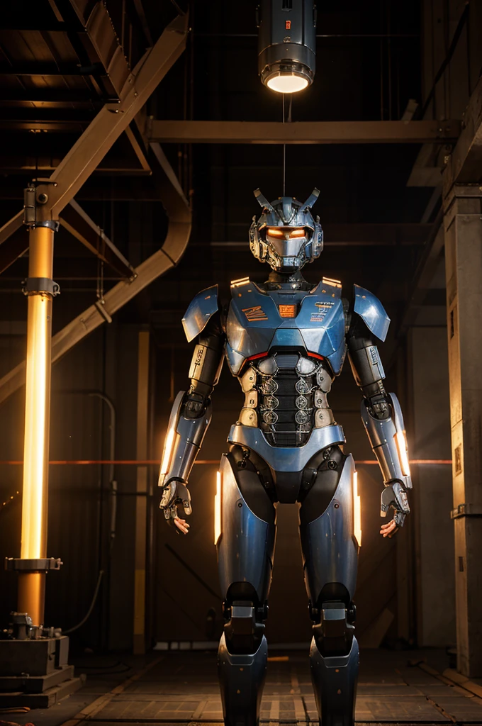 masterpiece, best quality)), illustration, 8k highly detailed, photorealistic, sharp focus, highly detailed, professional lighting, colorful details, colorful colors BREAK extreme long shot of a factory, construction of large mechanical robots, microchips, computer, glowing, intricate details, shitu-mecha, 1 man standing in front of the audience, Navel