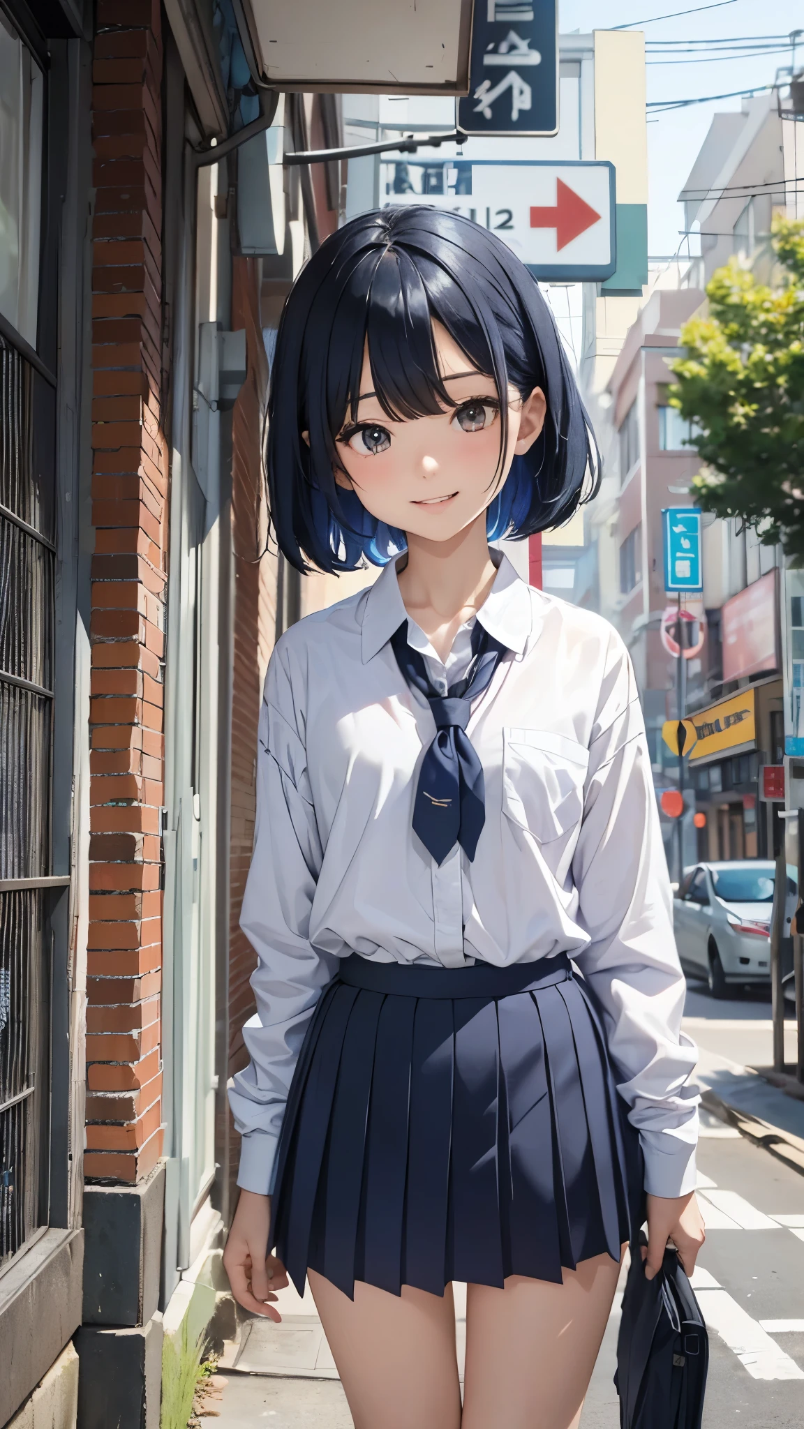 One 17 years old girl,short hair,blue hair mixed colored red hair,((seller suits,dark blue collar,white shirts,long sleeve,school,dark blue skirt,black skirt)),((rage,laugh,grin,slender body,socks,sneakers)).