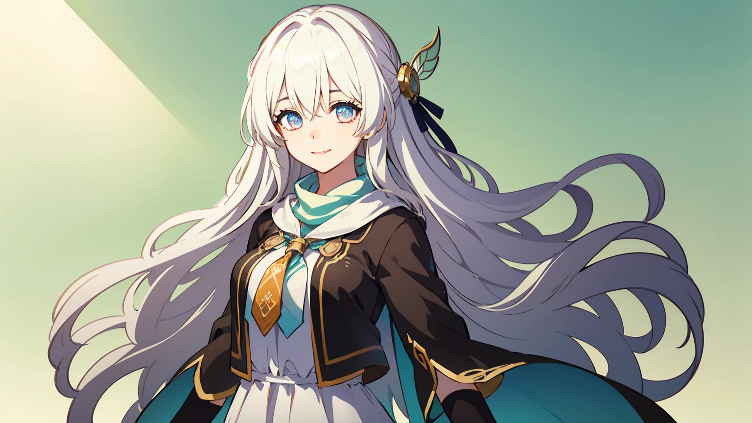 fireflycus, 1 girl, white hair, long hair, blue eyes, white dress, white skirt, white scarf, , standing, looks at viewers, upper body, smile, green screen, green background, clear green background,