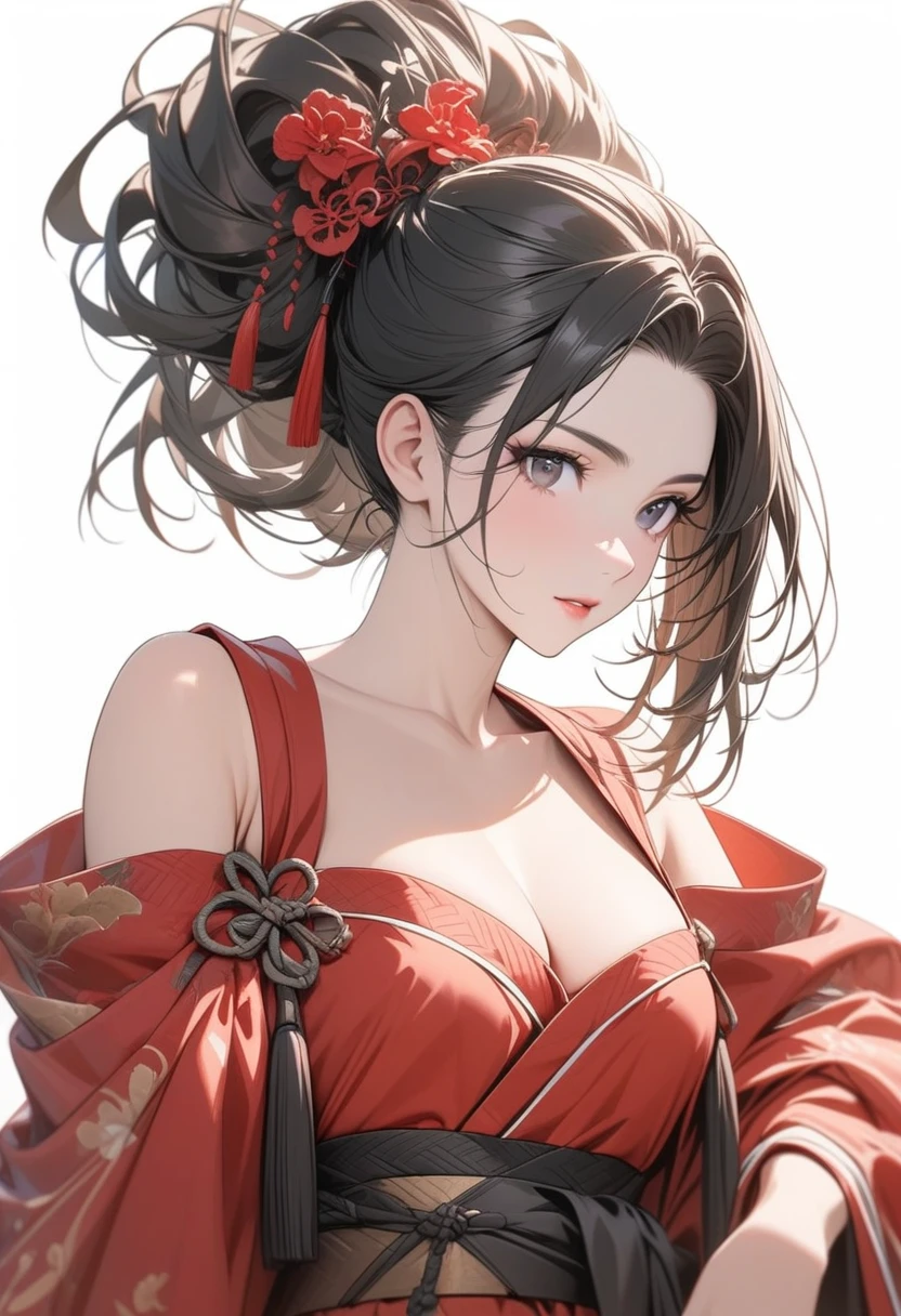 Beautiful women,Black long hair,Hair up,Red Hanfu,Cleavage,Show your shoulders,,Extremely detailed,high resolution,Simple background