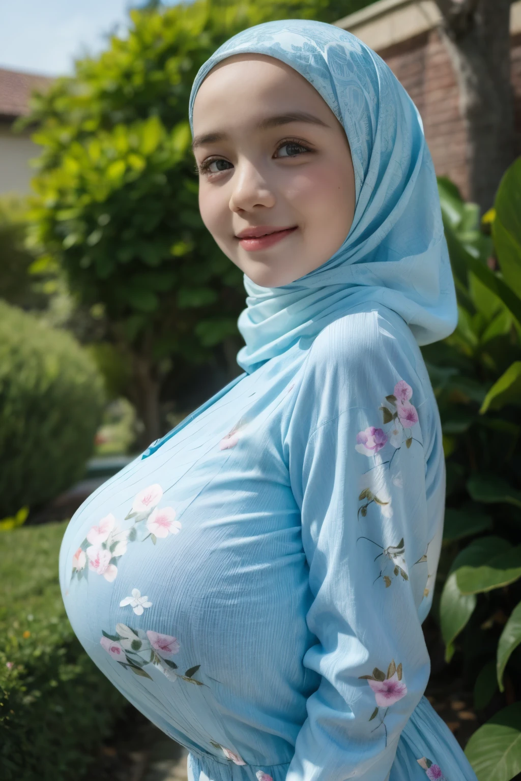 Jumbo (Dress), Chubby adorable, 1 girl, (face to face), , baby face, happy, half body portrait, (face details: 1), (eye details: 1), ((big breasts)). wearing transparent transparency soft long shirt, hijab, .. Cute posed. proportional body. Ultra High Res. realistic: 1.4, UHD, (floral pattern), view from side seductive pose
